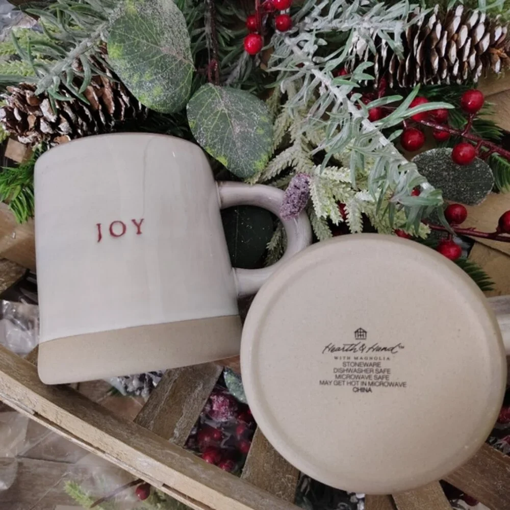 Hearth & Hand Magnolia Stoneware Coffee Mug Set | 16 oz | Holiday “Merry & Joy” - Picture 3 of 4